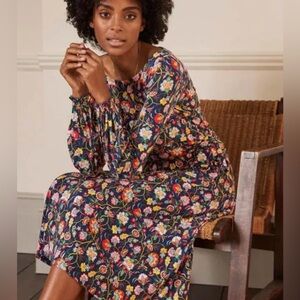 Boden Amelie Floral Long Sleeve Midi Dress, Empire Waist Navy